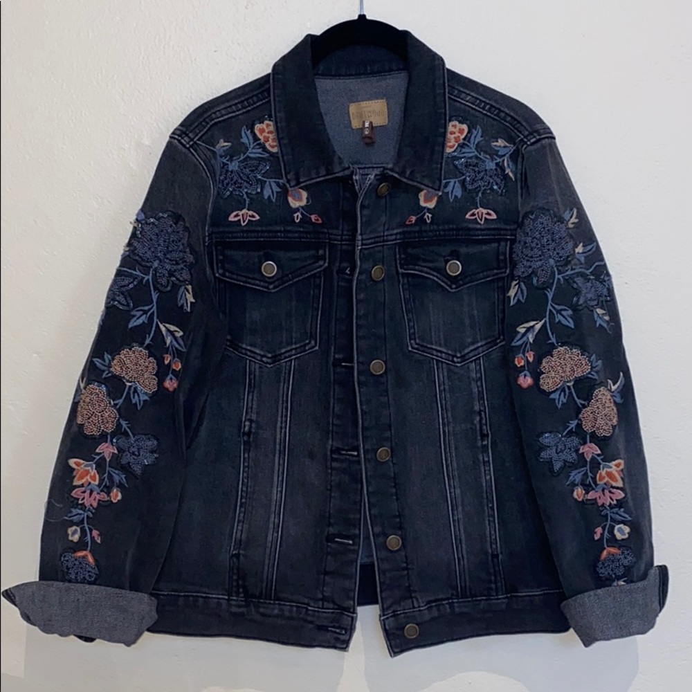 Embroidered Floral Black Denim Jacket